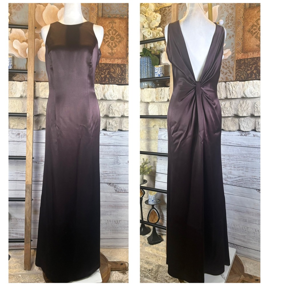 Carmen Marc Valvo Dark Espresso Satin Plunge Back Evening Gown Dress 8